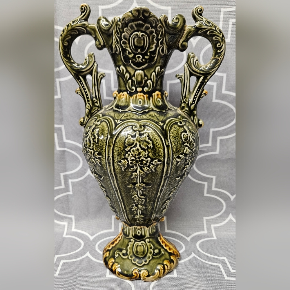 Antique Majolica Vase, English Victorian Twin Handled Decorative Vase, Mantle Ur - Picture 3 of 4